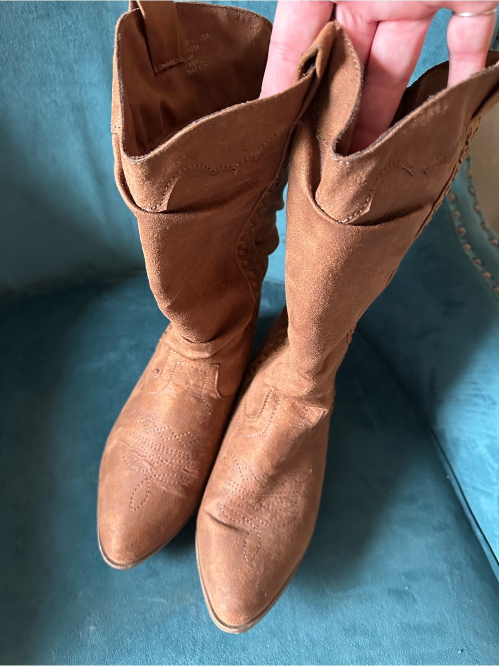Brown Faux Suede Western Boots Womens 8.5M Mid Calf Cowboy Rodeo Festival